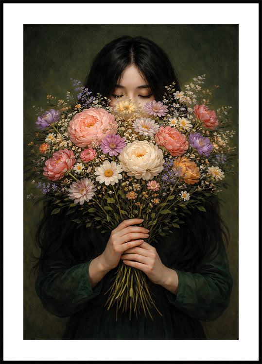 Title: Emerald Green Woman with Flowers Art Print: Minimalist Japandi Portrait Poster