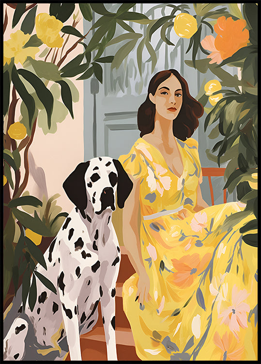 Lady in Yellow with Dalmatian, floral summer portrait Print Poster