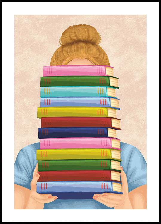 Girl With Stack of Books Poster, Pastel Book Lover Wall Art, Cute Reading Illustration Print for Library or Study Room Poster