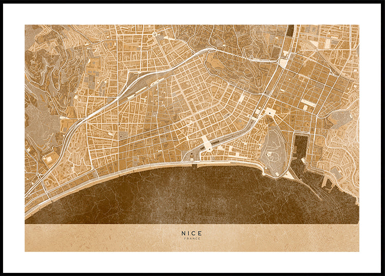 Sepia vintage map of Nice downtown France Poster