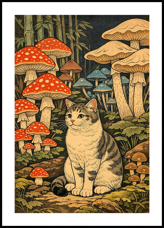 Mushroom Forest Cat Poster