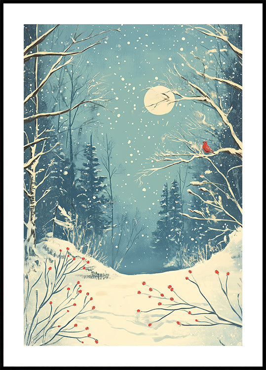 Red Bird in Snowy Forest Poster