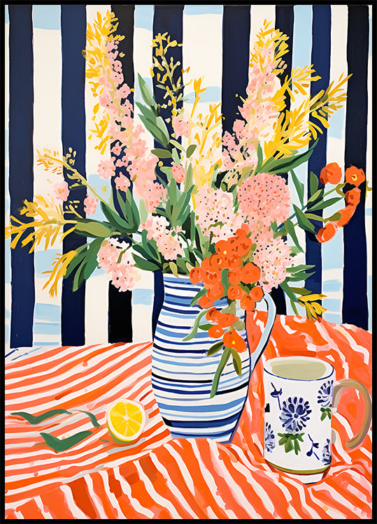 Summer Flowers, Striped Vase, Lemon Still Life Poster