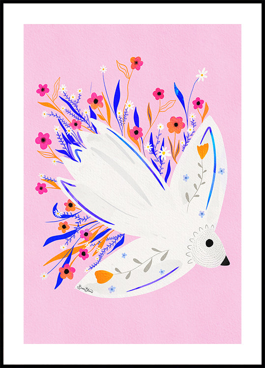 Bird in Flowers Pink illustration Poster
