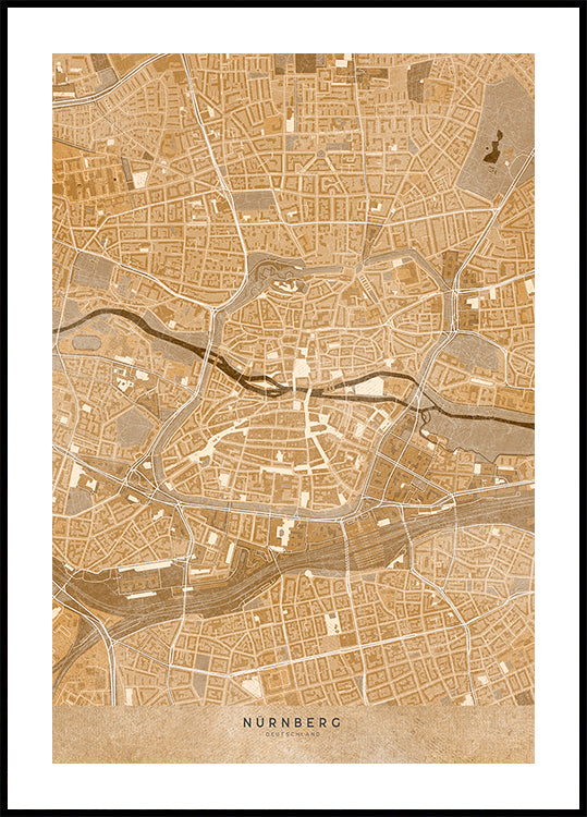 Sepia vintage map of Nürnberg downtown Germany Poster