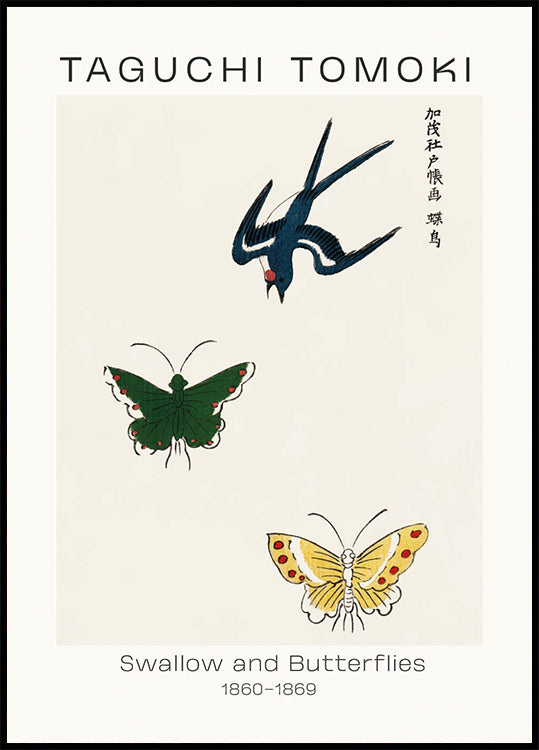 Swallow and Butterflies, Taguchi Tomoki 1860–1869 Poster