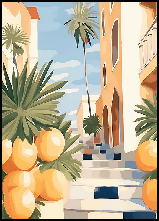 Sunny Citrus Street, Mediterranean Village Steps Poster
