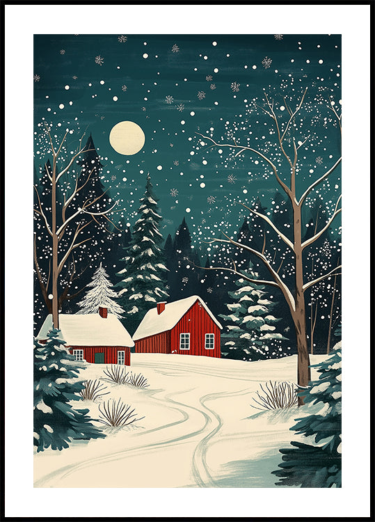 Red Houses and Snowy night sky Poster