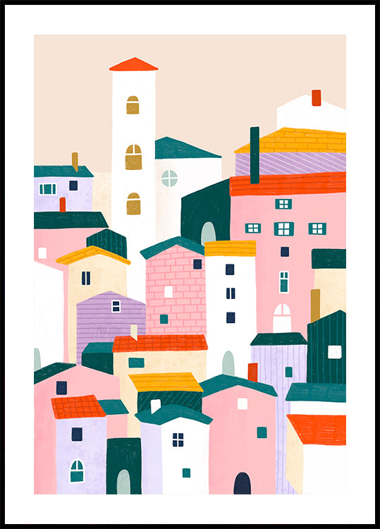 Colorful Village Scene Poster
