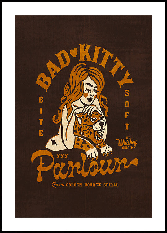 Bad Kitty Pin Up Art. Dive Bar Cocktail Poster