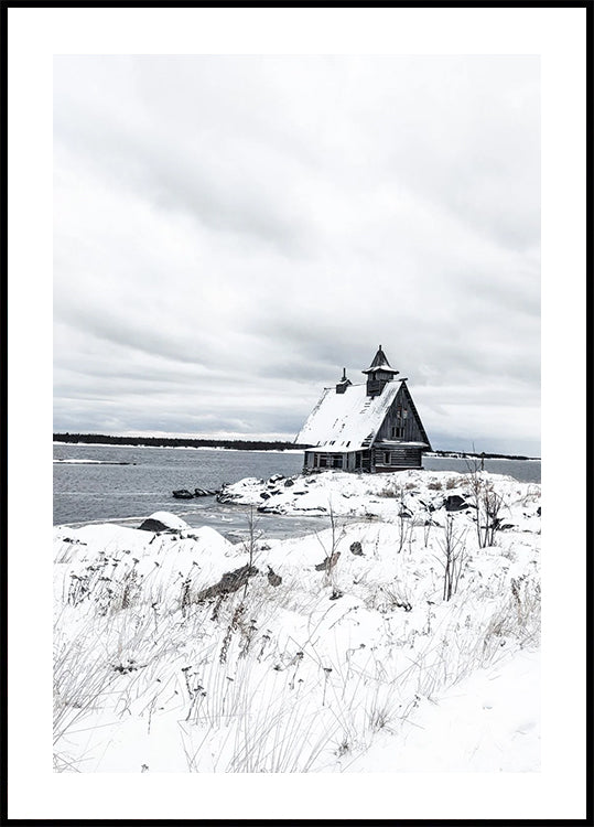 Isolated Winter Cabin by the Frozen Lake Poster
