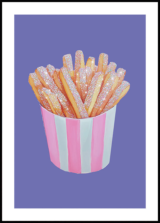 Glitter French Fries in Pink Striped Cup - Unique Food Art Poster