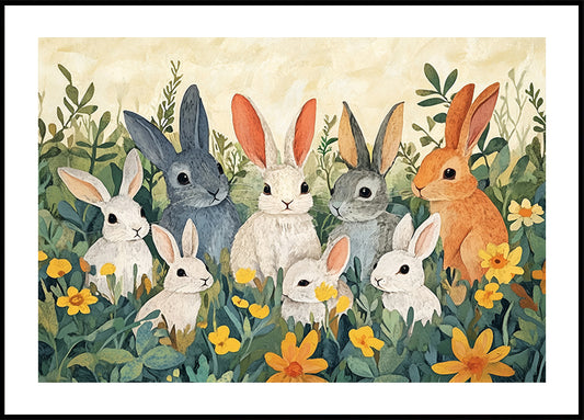 Rabbit Family In Wildflowers Poster