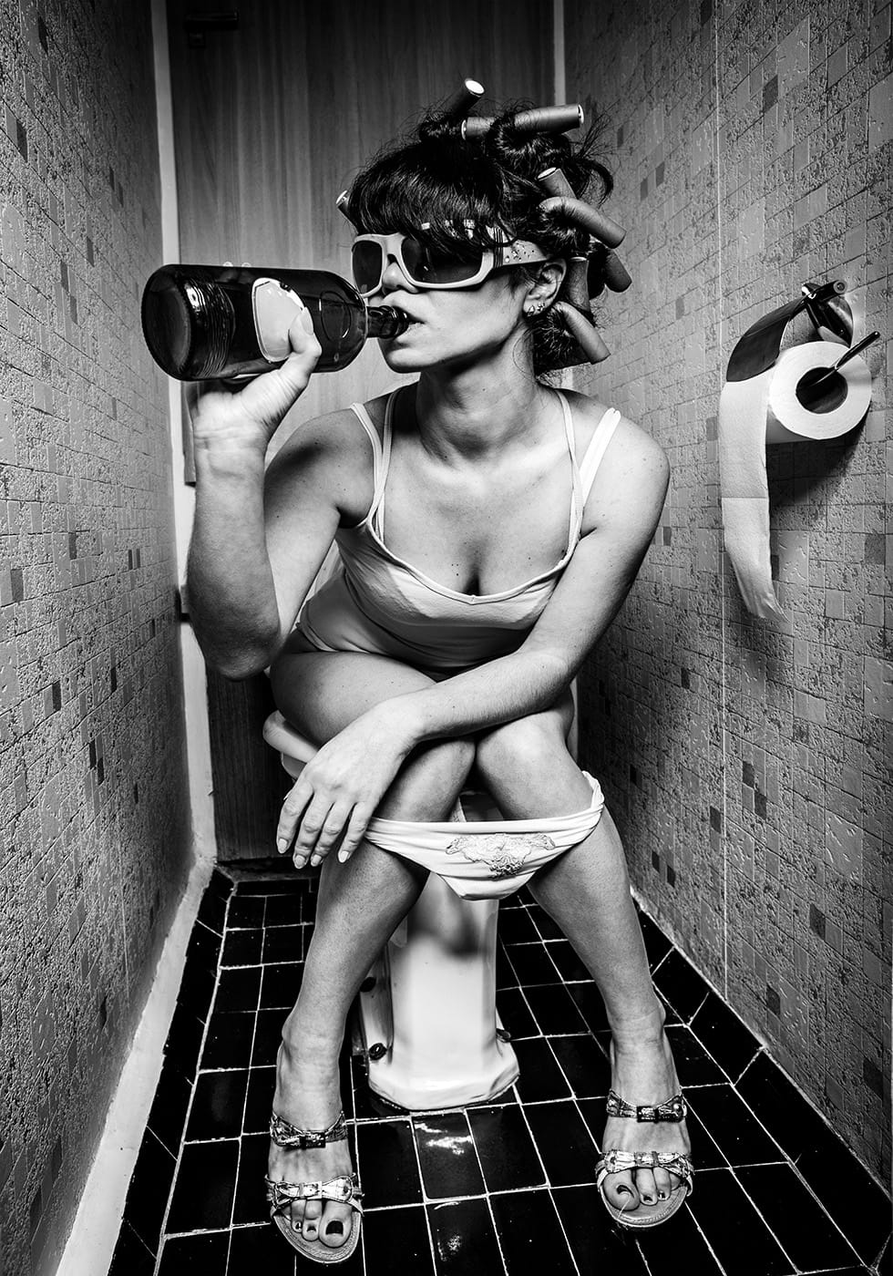 Girl Drinking on the Toilet - Artistic Satire Poster