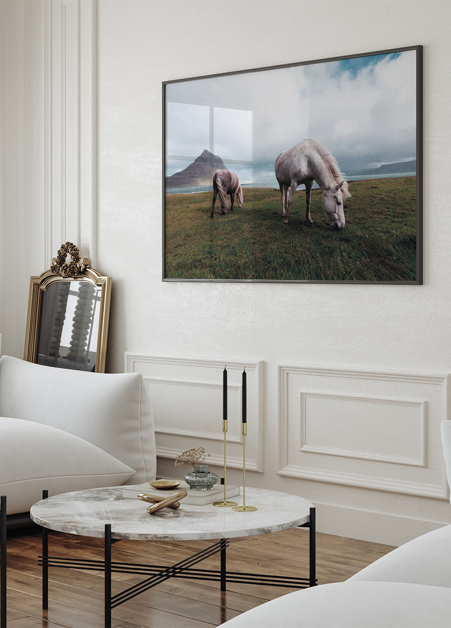 Horses Grazing Near a Lake Poster