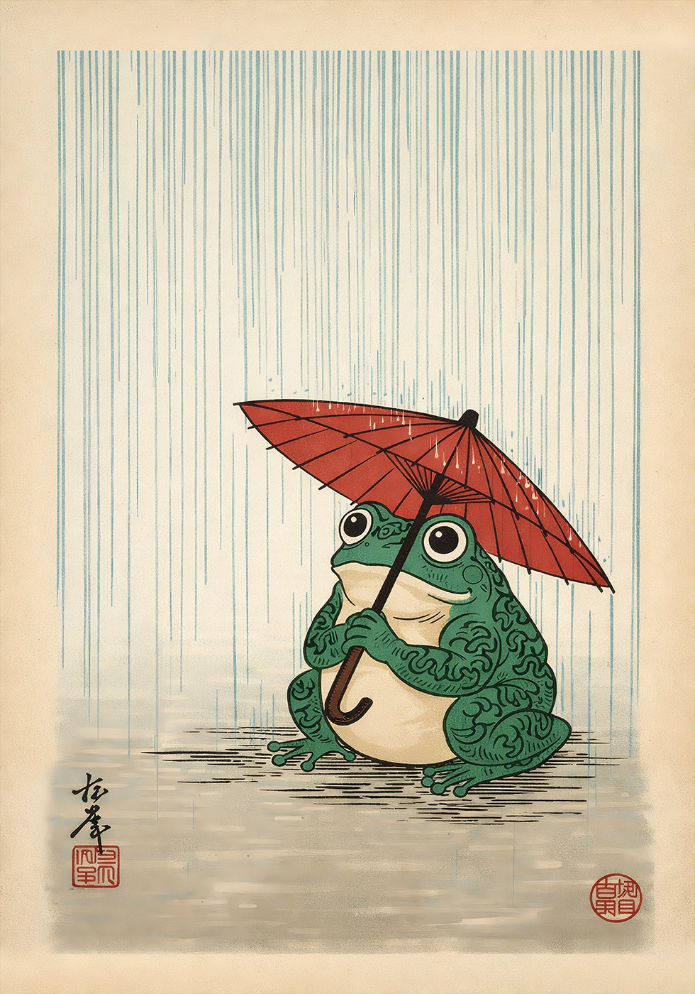 Japanese Frog with Umbrella Poster, Woodblock Art Print Poster