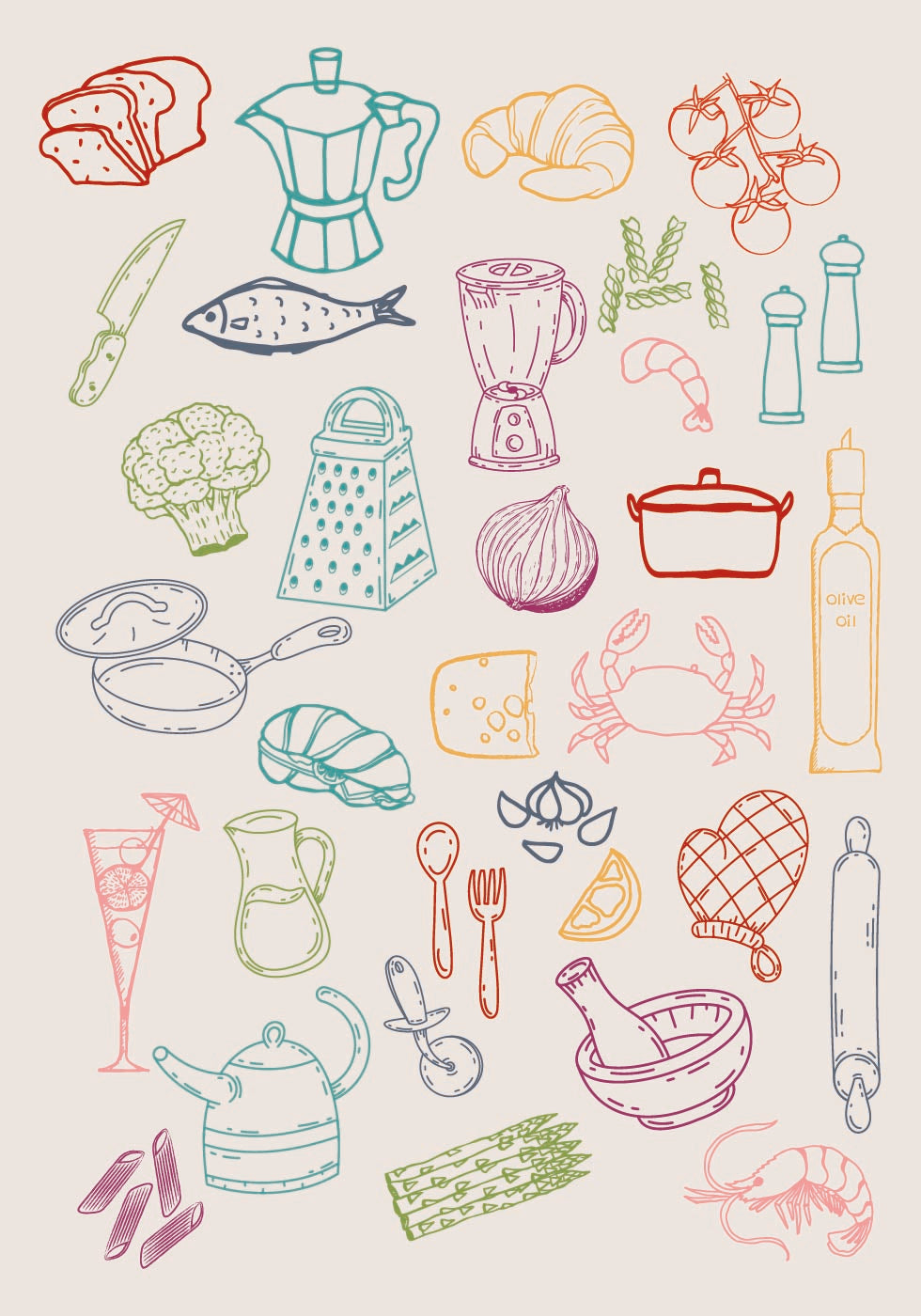 Kitchen Collage, Colorful Cooking Ingredient Icons Poster