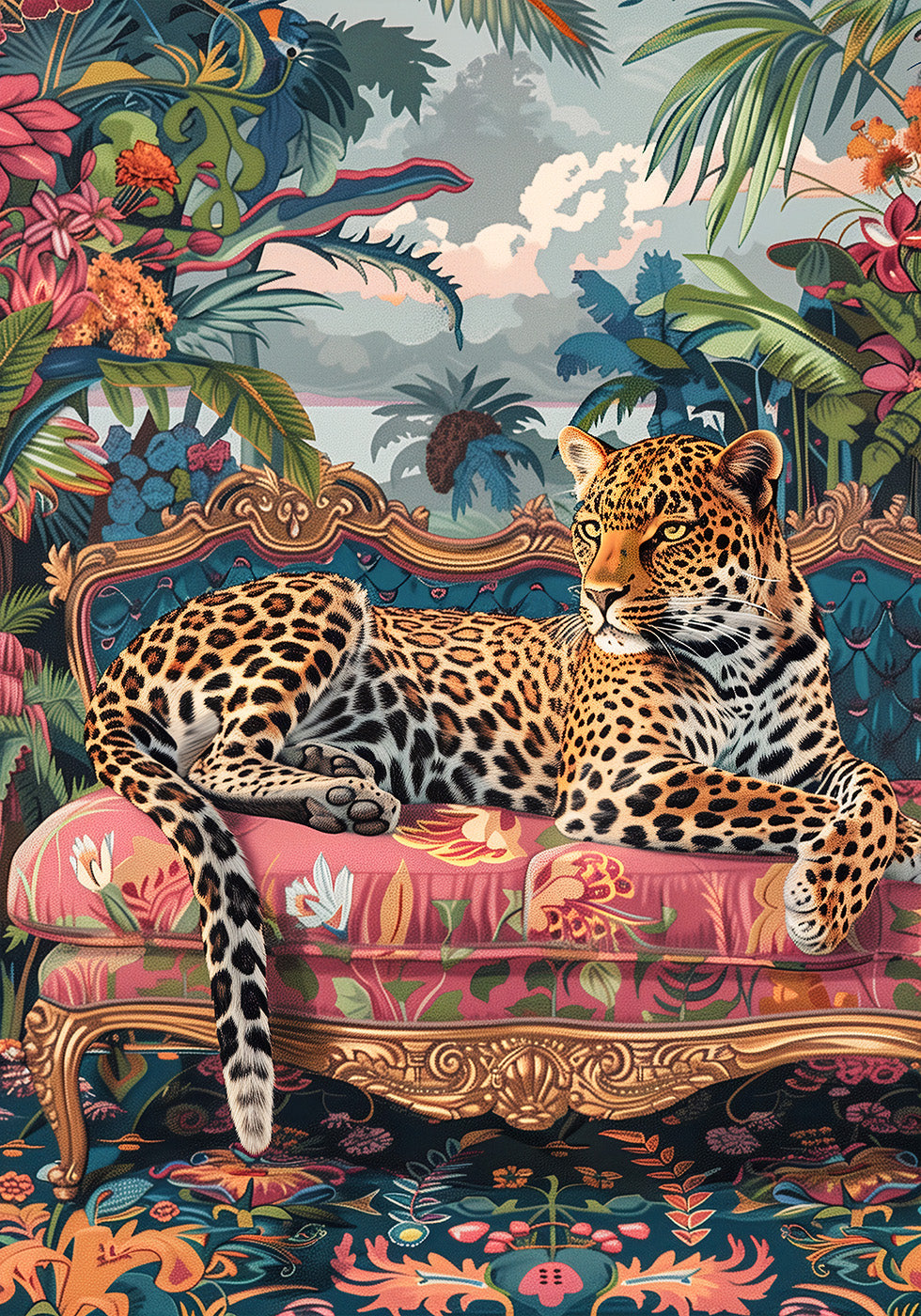 Leopard Relaxing on a Colorful Sofa Poster