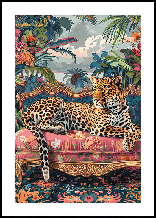 Leopard Relaxing on a Colorful Sofa Poster