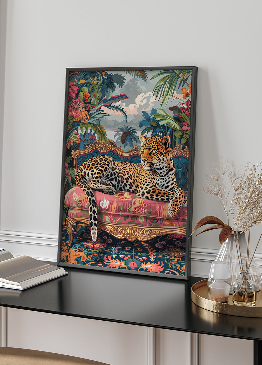 Leopard Relaxing on a Colorful Sofa Poster