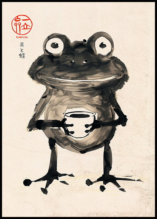 Zen Frog with Tea, Japanese Ink Art Poster