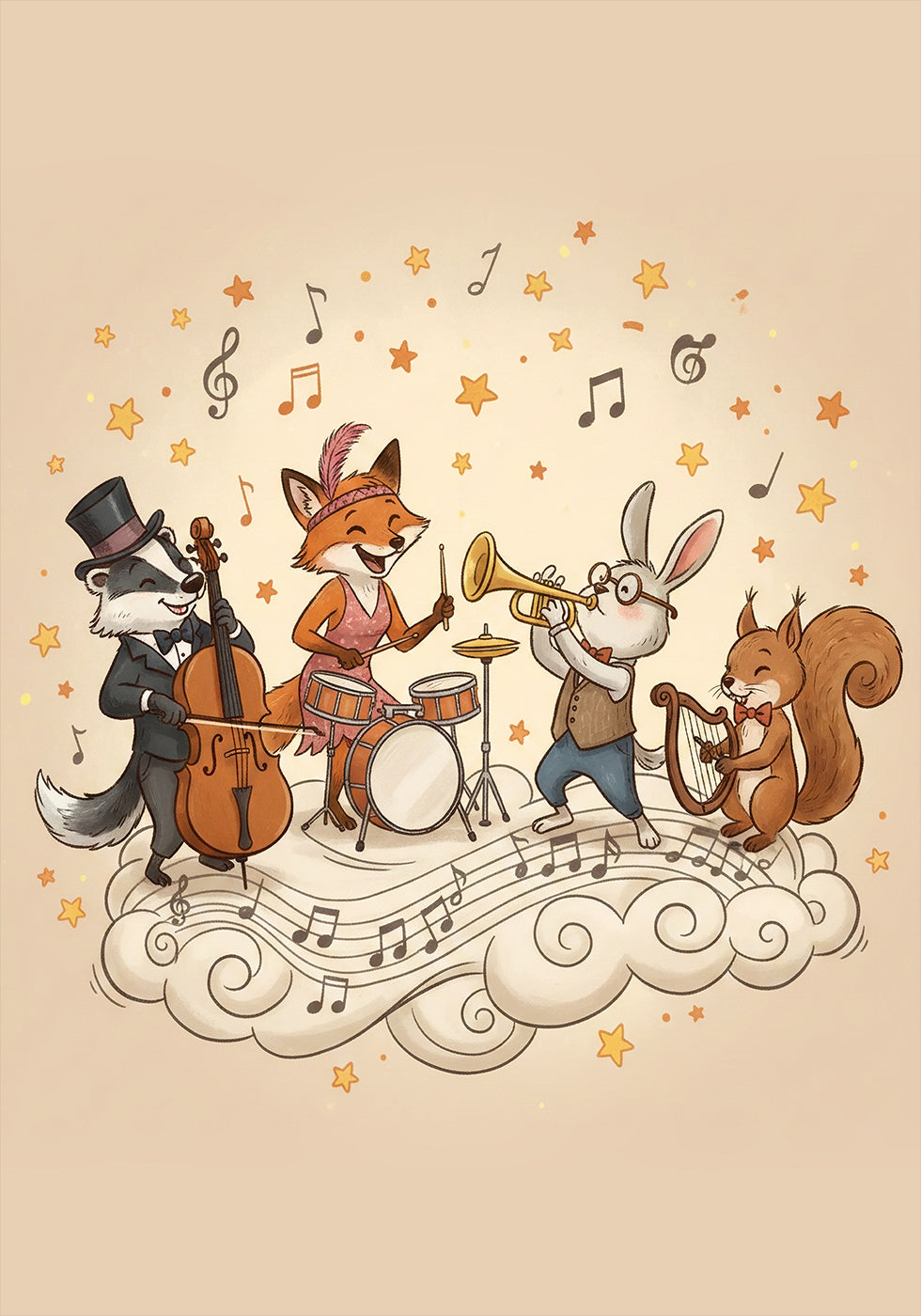 Animal Band Nursery Wall Art, Whimsical Illustration, Cute Kids Music Print, Playful Baby Room Poster, Jungle Animal Nursery Decor