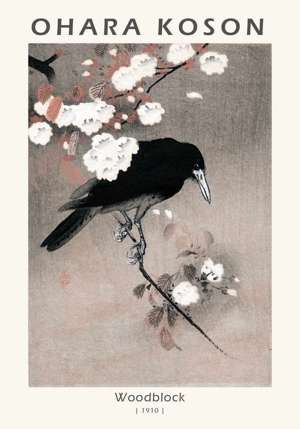 Woodblock, Crow on Cherry Blossom Branch By Ohara Koson Poster