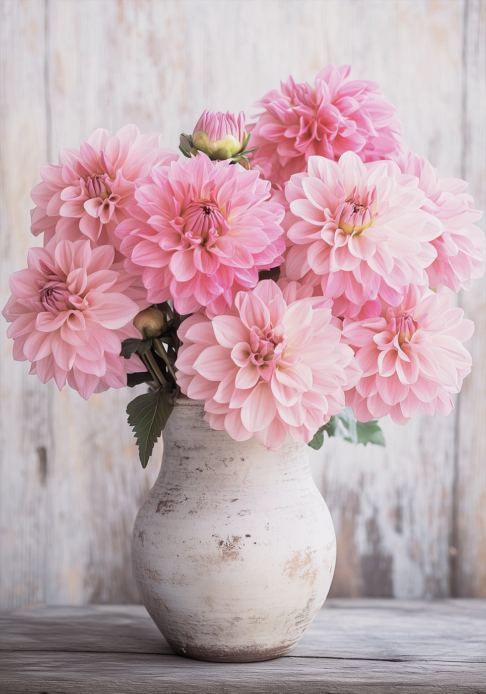 Pink Dahlias in Rustic Vase Poster