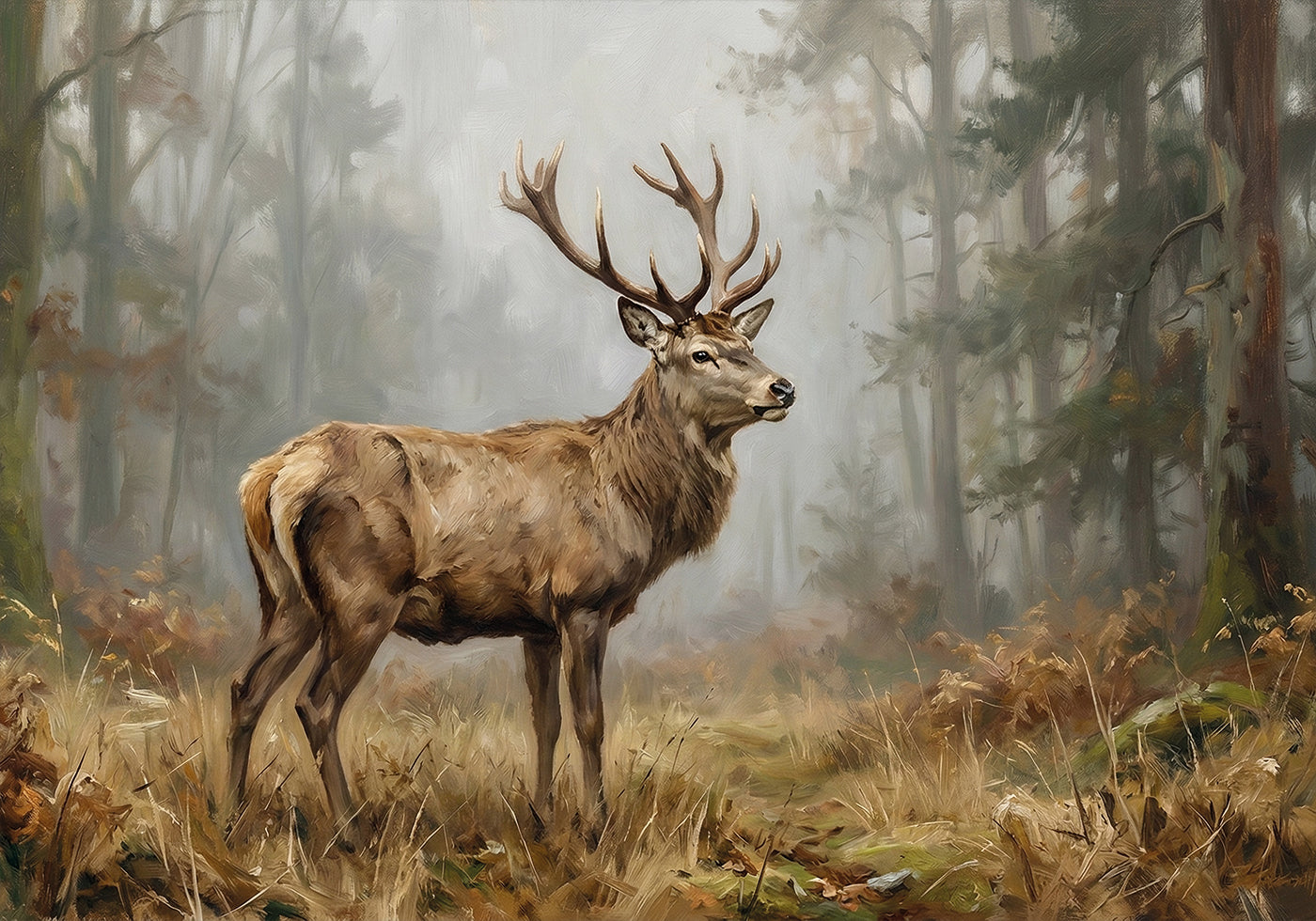 Rustic Deer Landscape Painting for Man Cave Hunting Decor Dark Brown Wall Art Cabin Decor Vintage Woodland Room Antique Forest Art Print Poster