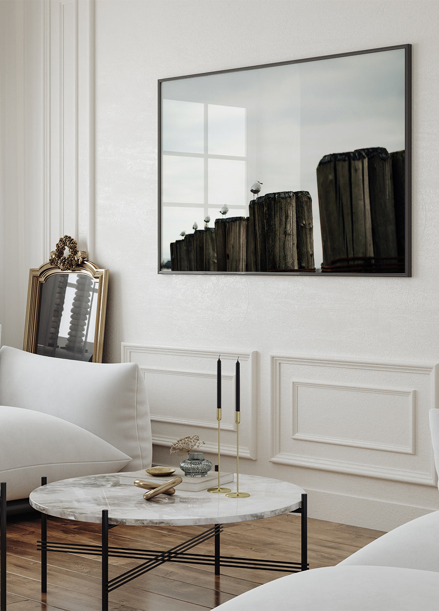 Seagulls on Wood Posts Poster