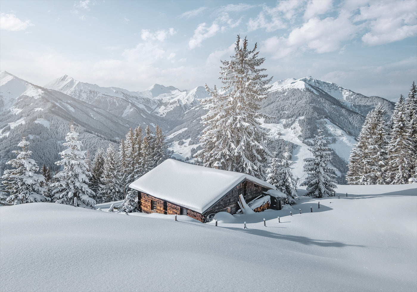 Snow-Covered Mountain Cabin Poster