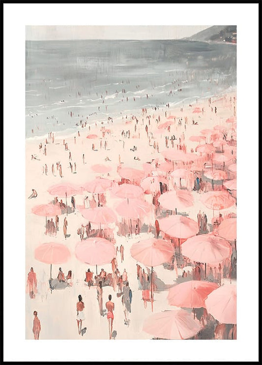 Pink Umbrella Beach Scene Poster