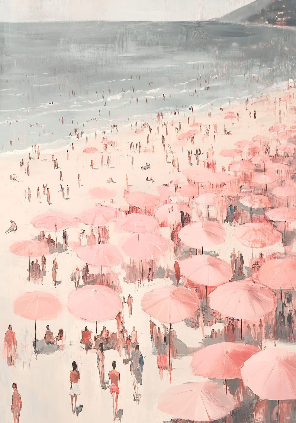 Pink Umbrella Beach Scene Poster