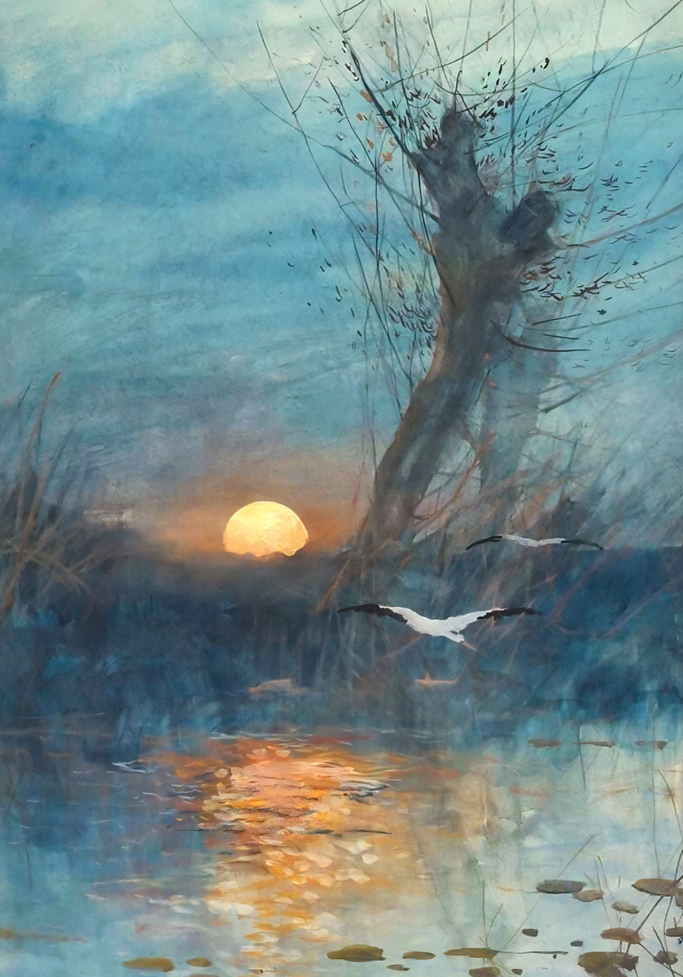 Sunset Over The Pond With Storks Poster