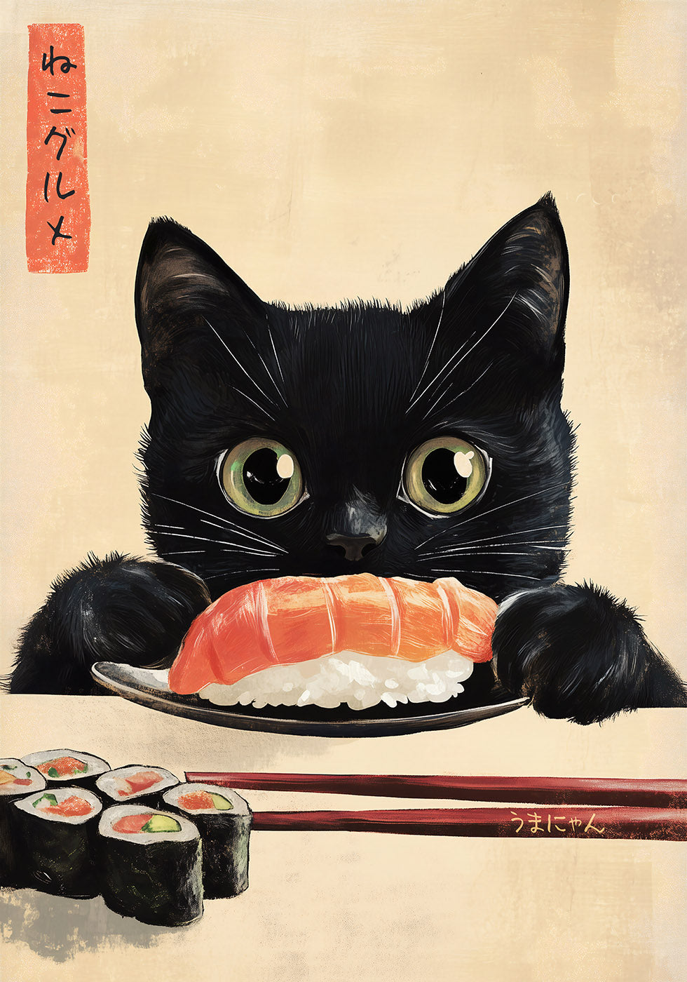 Sushi Lover Cat, Japanese-Inspired Feline Art Poster