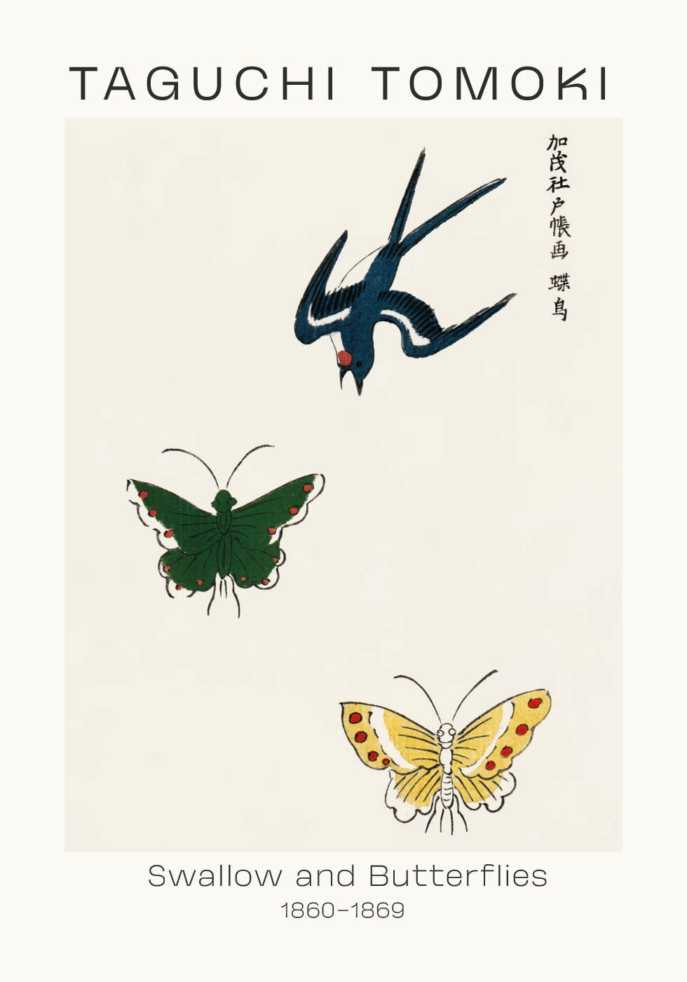 Swallow and Butterflies, Taguchi Tomoki 1860–1869 Poster