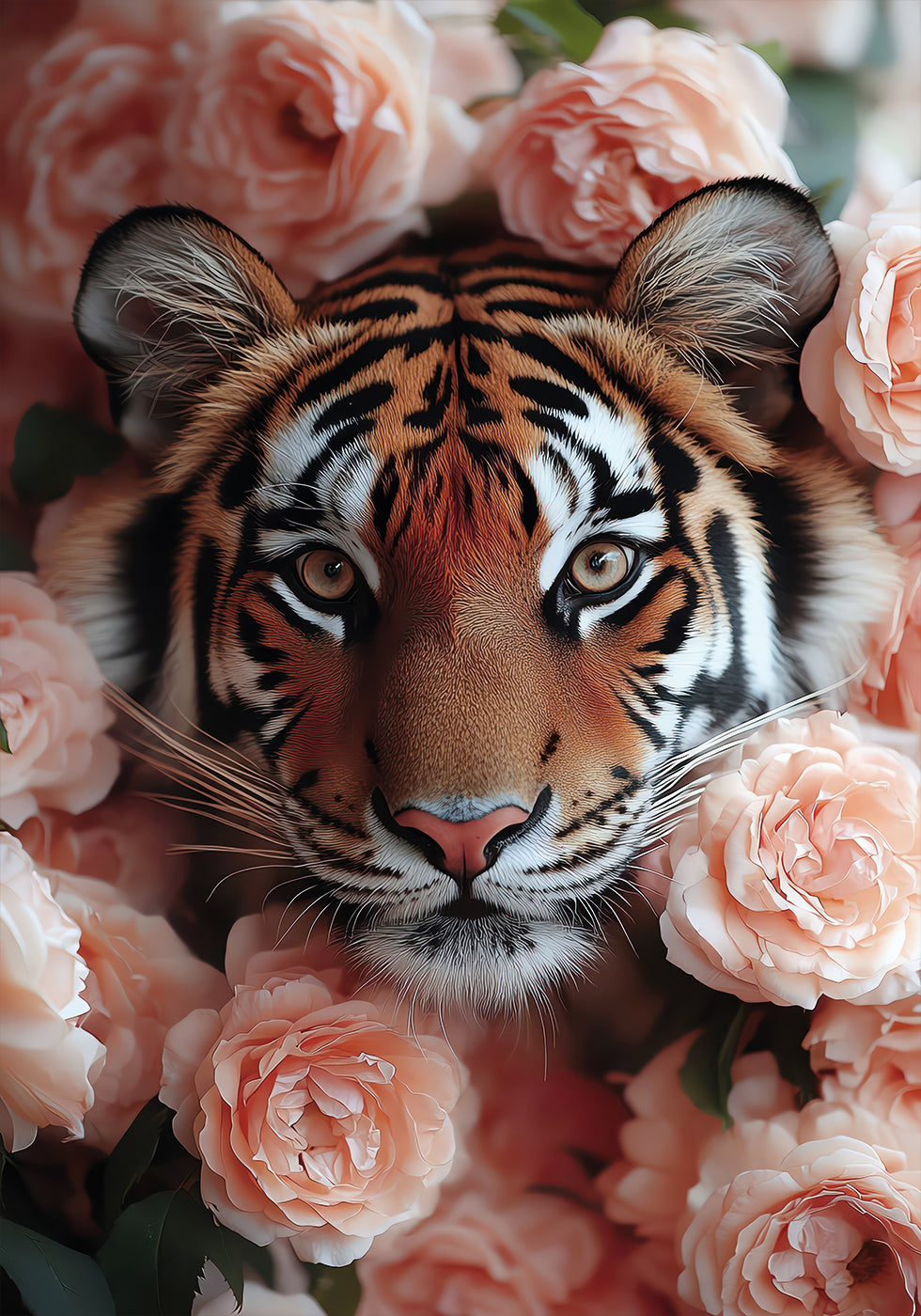 Tiger Among Peach Roses Poster