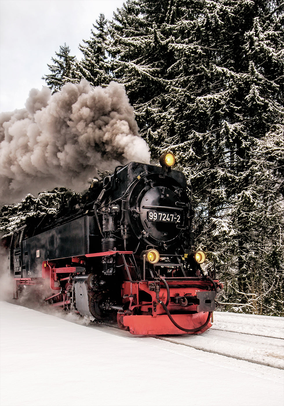 Steam Train in Snowy Forest Poster