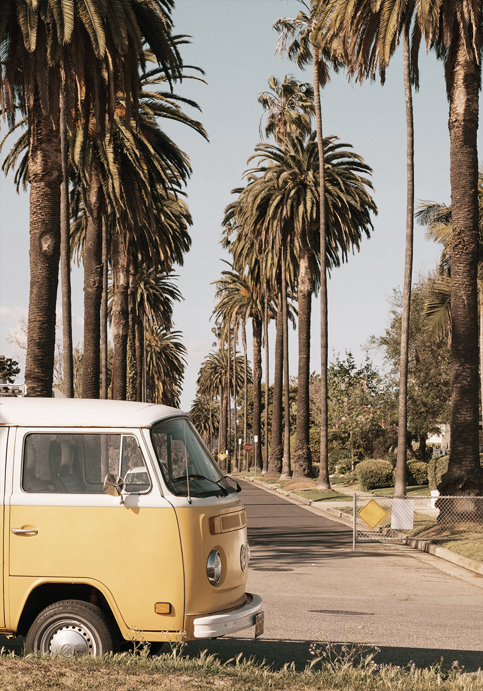 Vintage Yellow Van Among California Palm Trees Poster