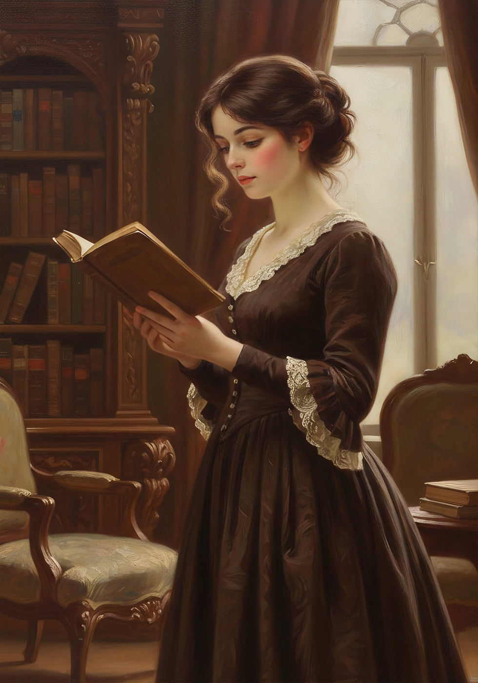 Victorian Woman Reading Bookish Wall Art Print, Book Lover Gift, Library Art Print, Dark Academia Decor Poster