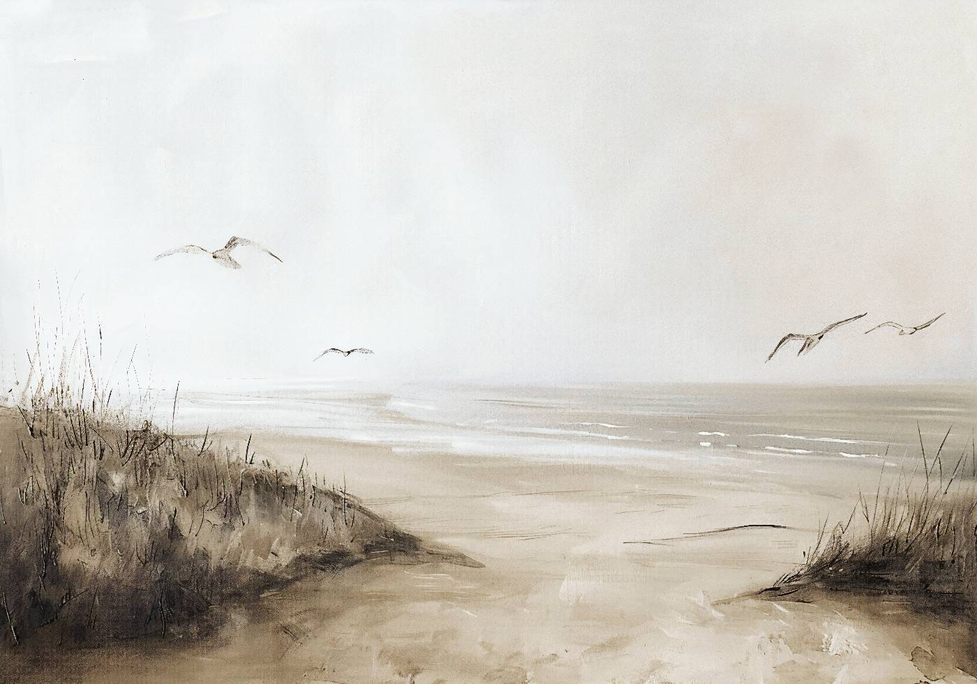 Vintage Neutral Beach Seagulls Painting Poster
