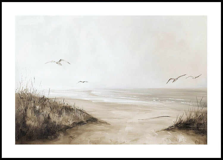 Vintage Neutral Beach Seagulls Painting Poster