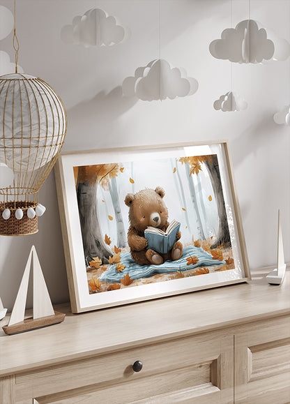 Bear Reading in Autumn Forest Poster