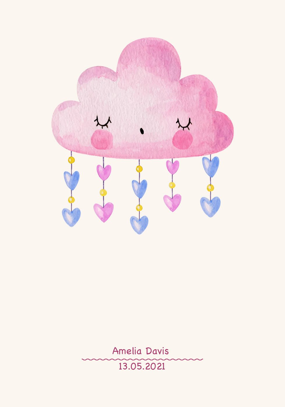 Pink Watercolor Cloud, Personalized Baby girl Poster
