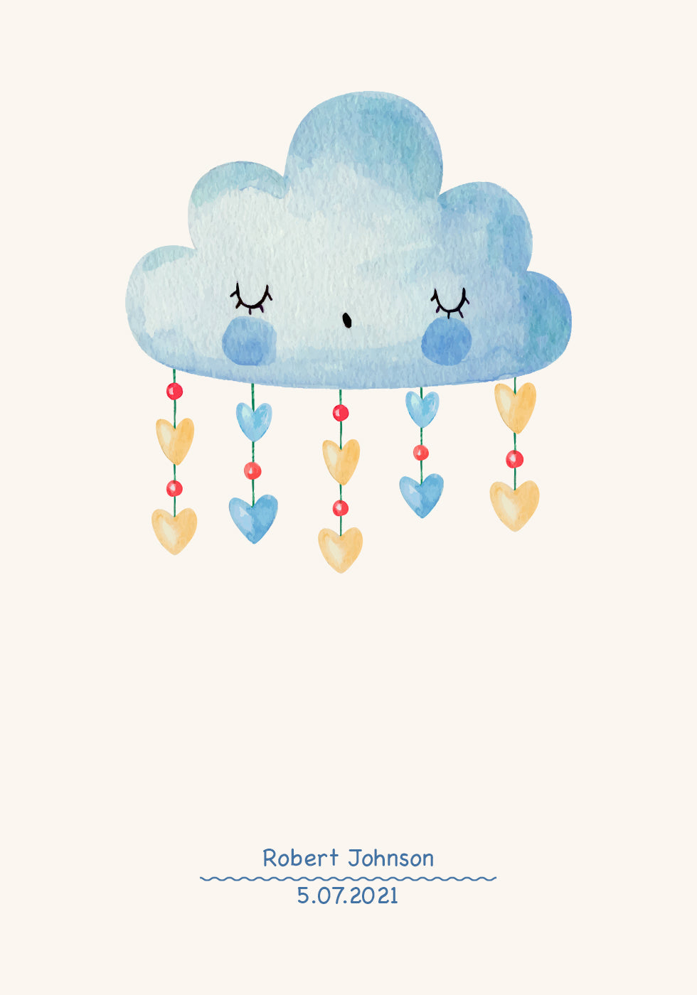 Blue Watercolor Cloud, Personalized Baby Boy Poster