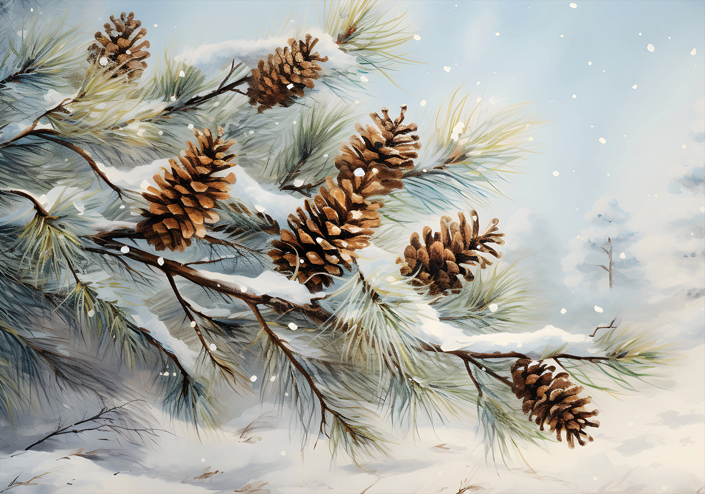 Watercolor Snowy Pine Branches with Cones Poster