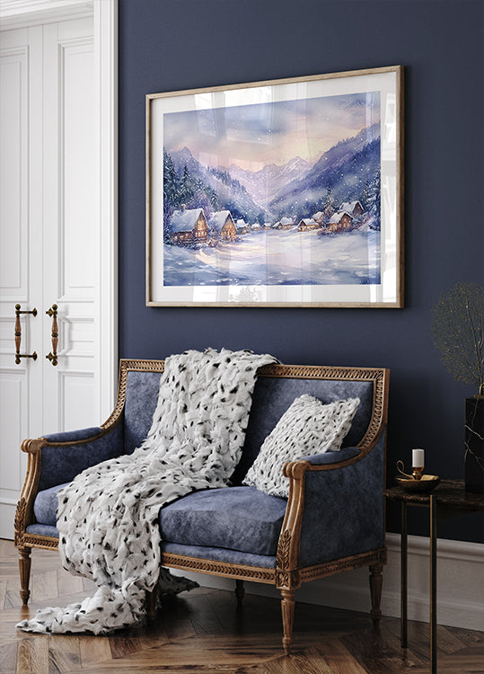 Watercolor Winter Mountain Village Poster