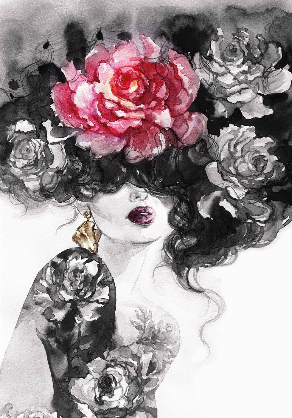 Watercolor Woman with Flowers №2 Poster