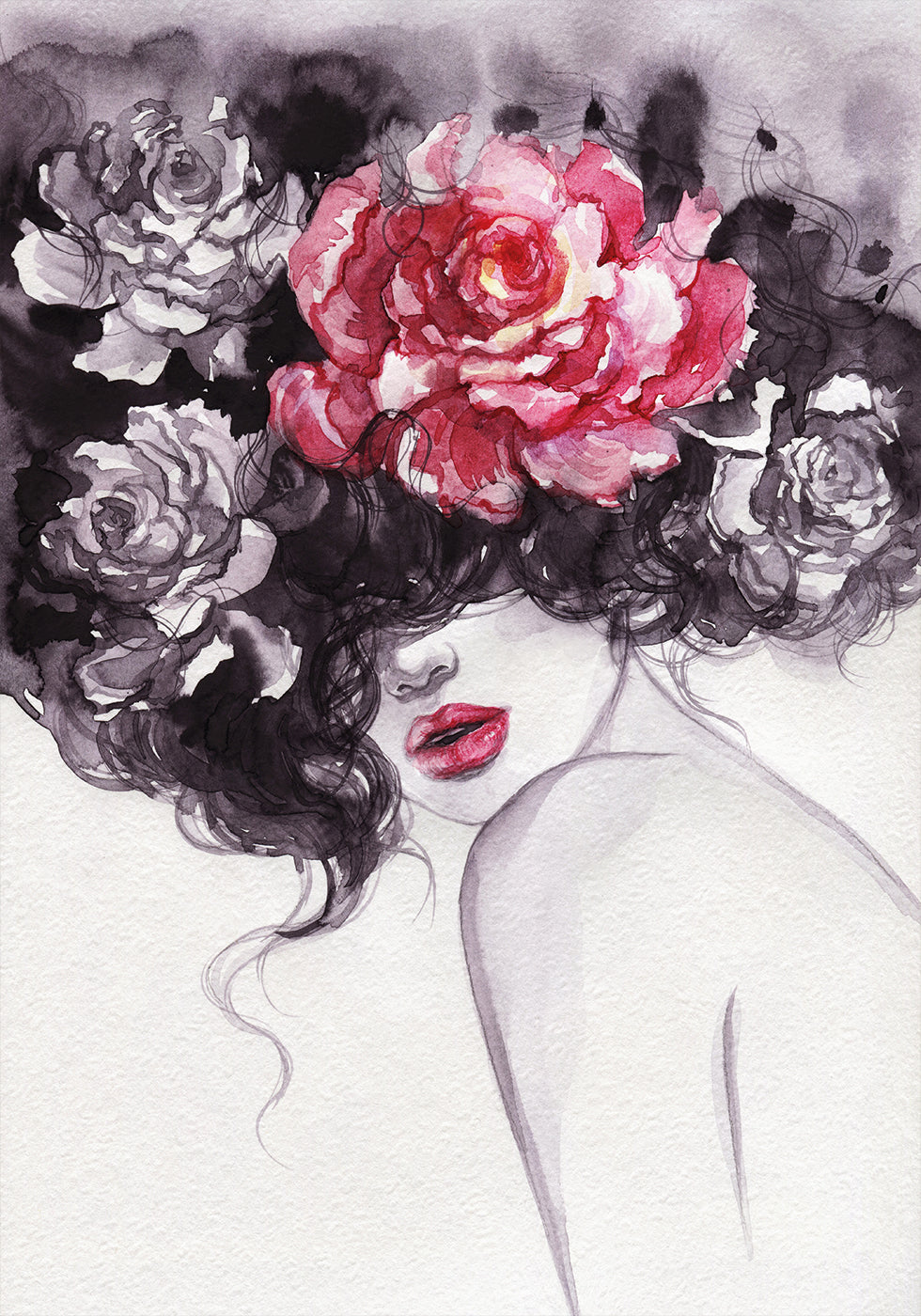 Watercolor Woman with Flowers Poster