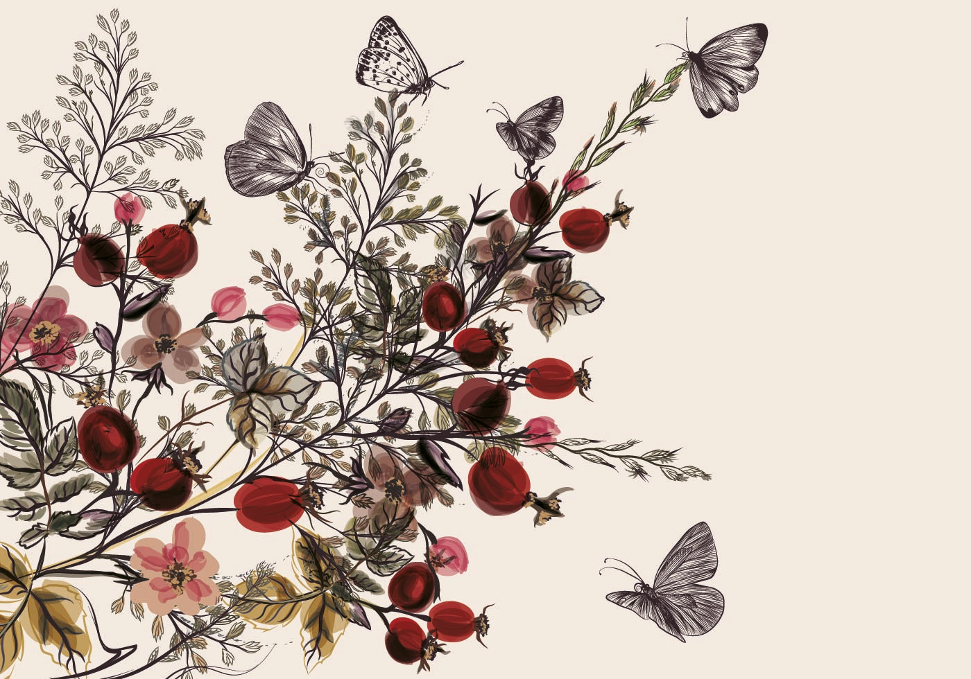 Watercolor Rose Hips and Butterflies Poster